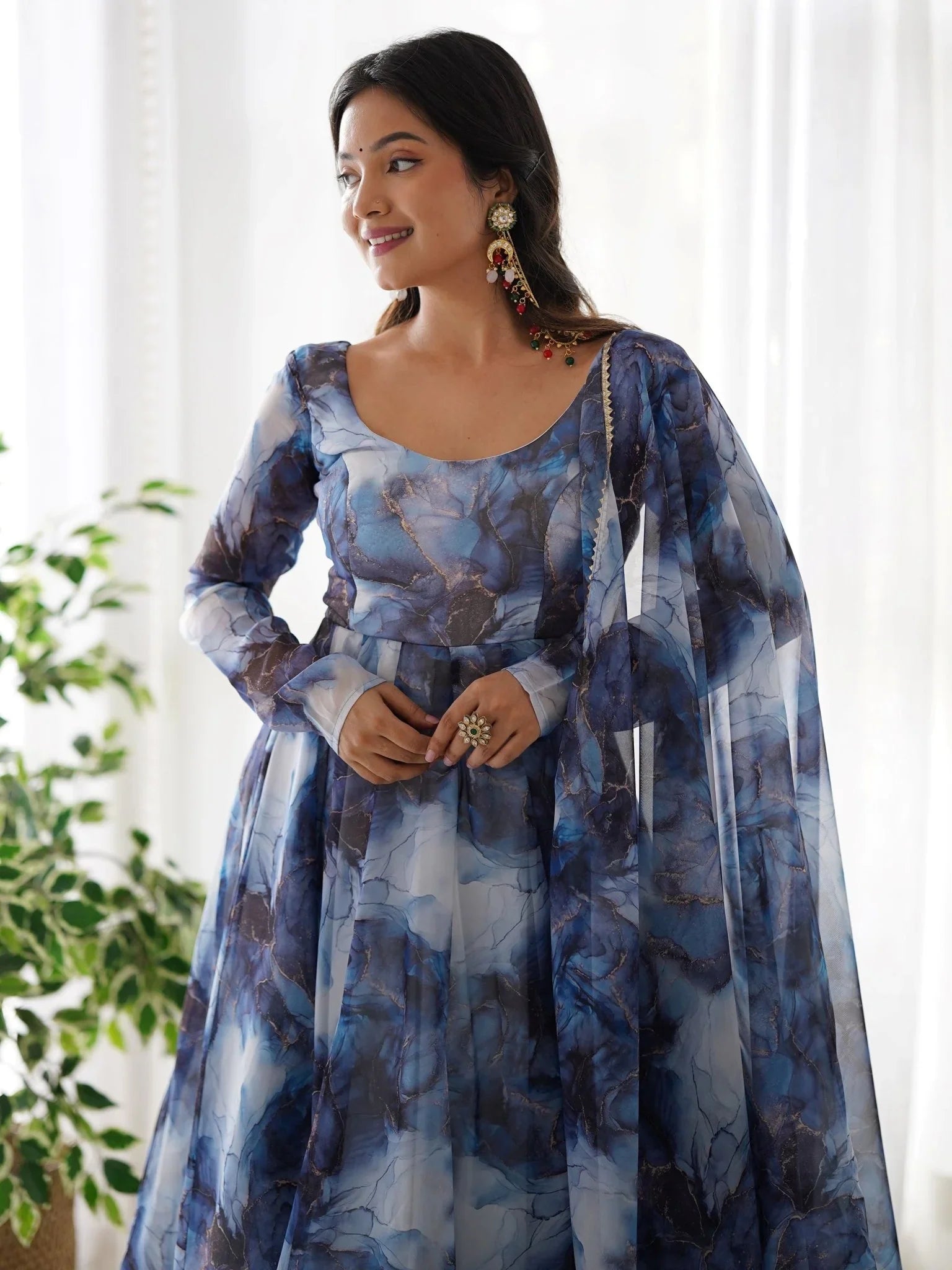 Navy blue organza silk marble print Anarkali suit set with dupatta
