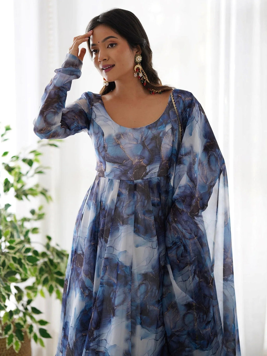 Navy blue organza silk marble print Anarkali suit set with dupatta