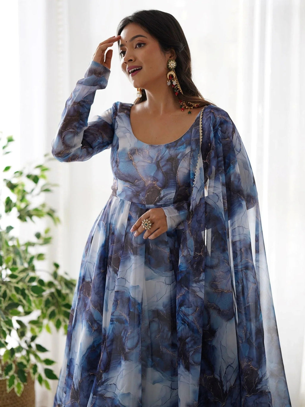 Navy blue organza silk marble print Anarkali suit set with dupatta
