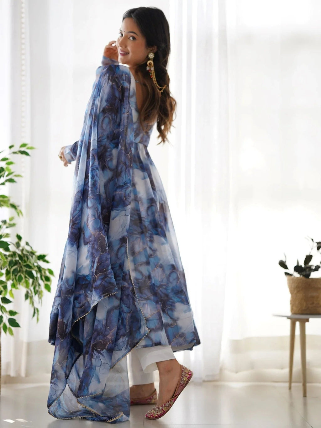 Navy blue organza silk marble print Anarkali suit set with dupatta