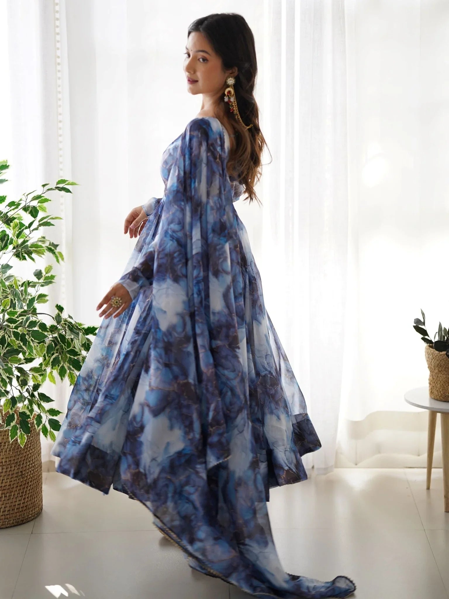 Navy blue organza silk marble print Anarkali suit set with dupatta