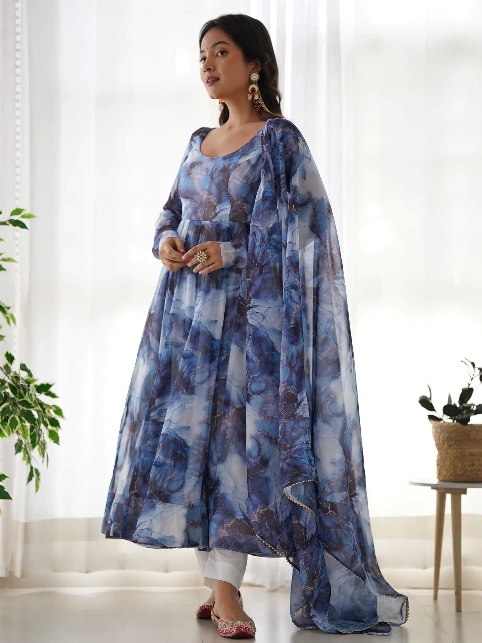 Navy blue organza silk marble print Anarkali suit set with dupatta