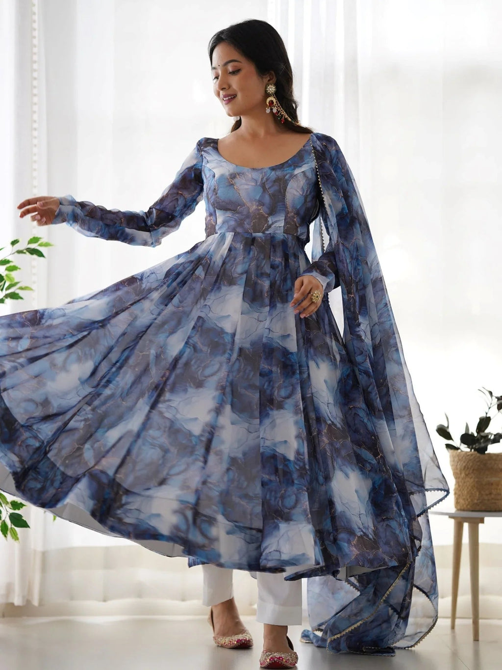 Navy blue organza silk marble print Anarkali suit set with dupatta