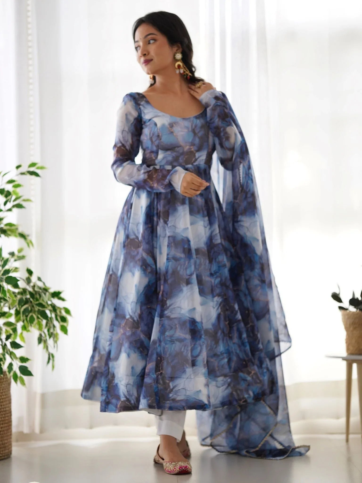Navy blue organza silk marble print Anarkali suit set with dupatta