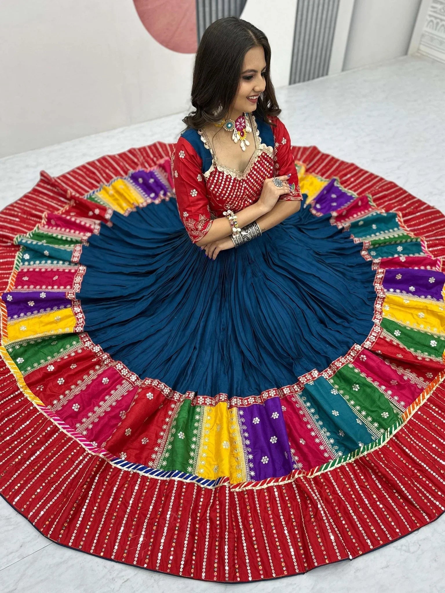 Navy blue pure cotton lehenga choli with embroidered sequins work and dupatta