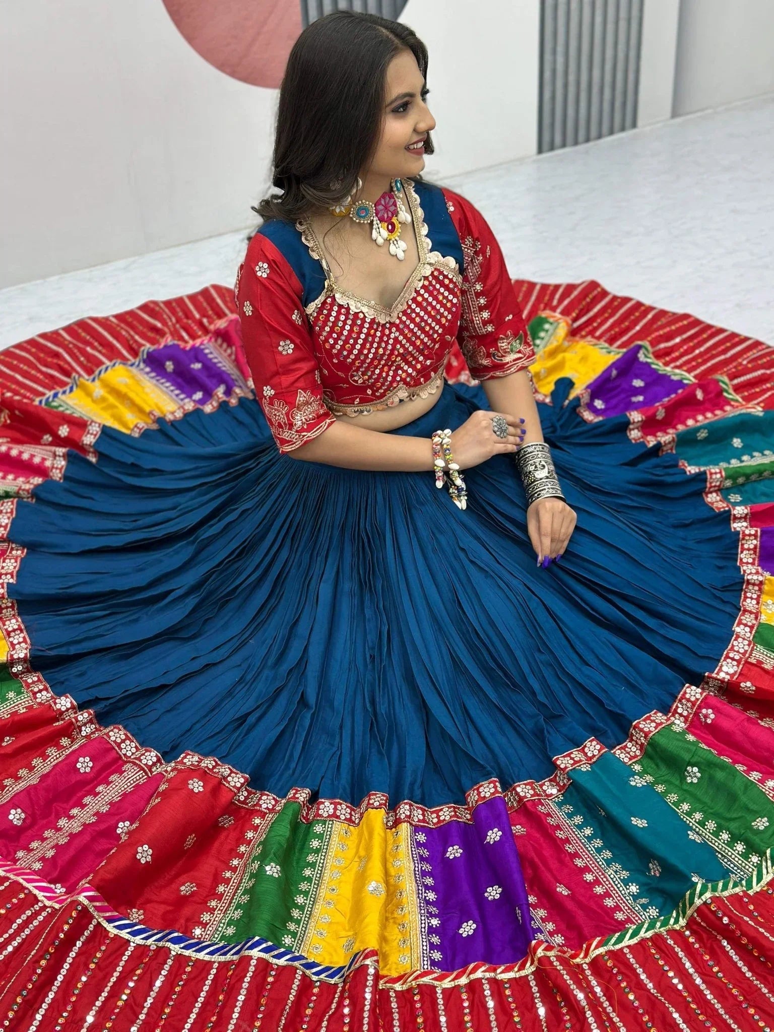 Navy blue pure cotton lehenga choli with embroidered sequins work and dupatta