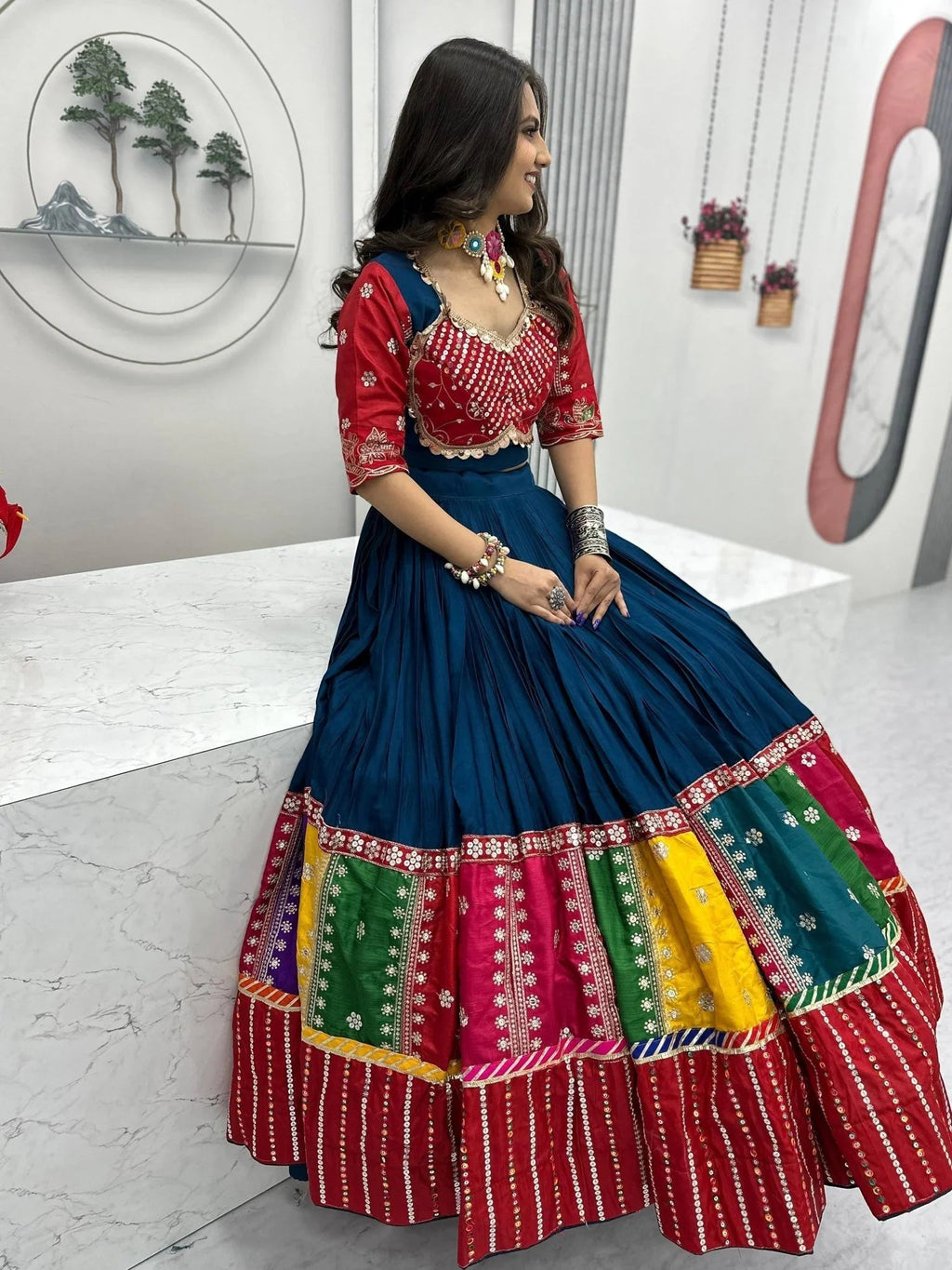 Navy blue pure cotton lehenga choli with embroidered sequins work and dupatta