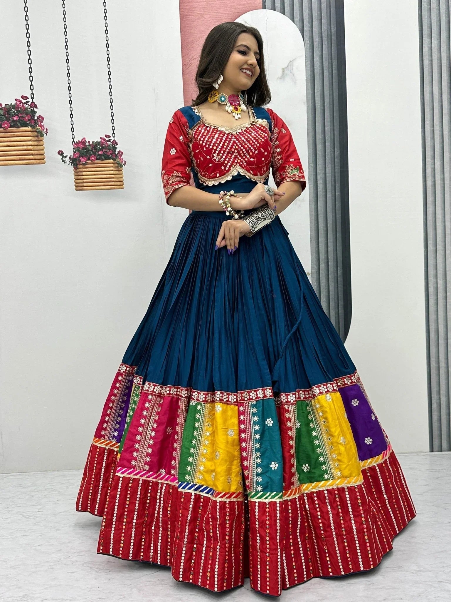Navy blue pure cotton lehenga choli with embroidered sequins work and dupatta