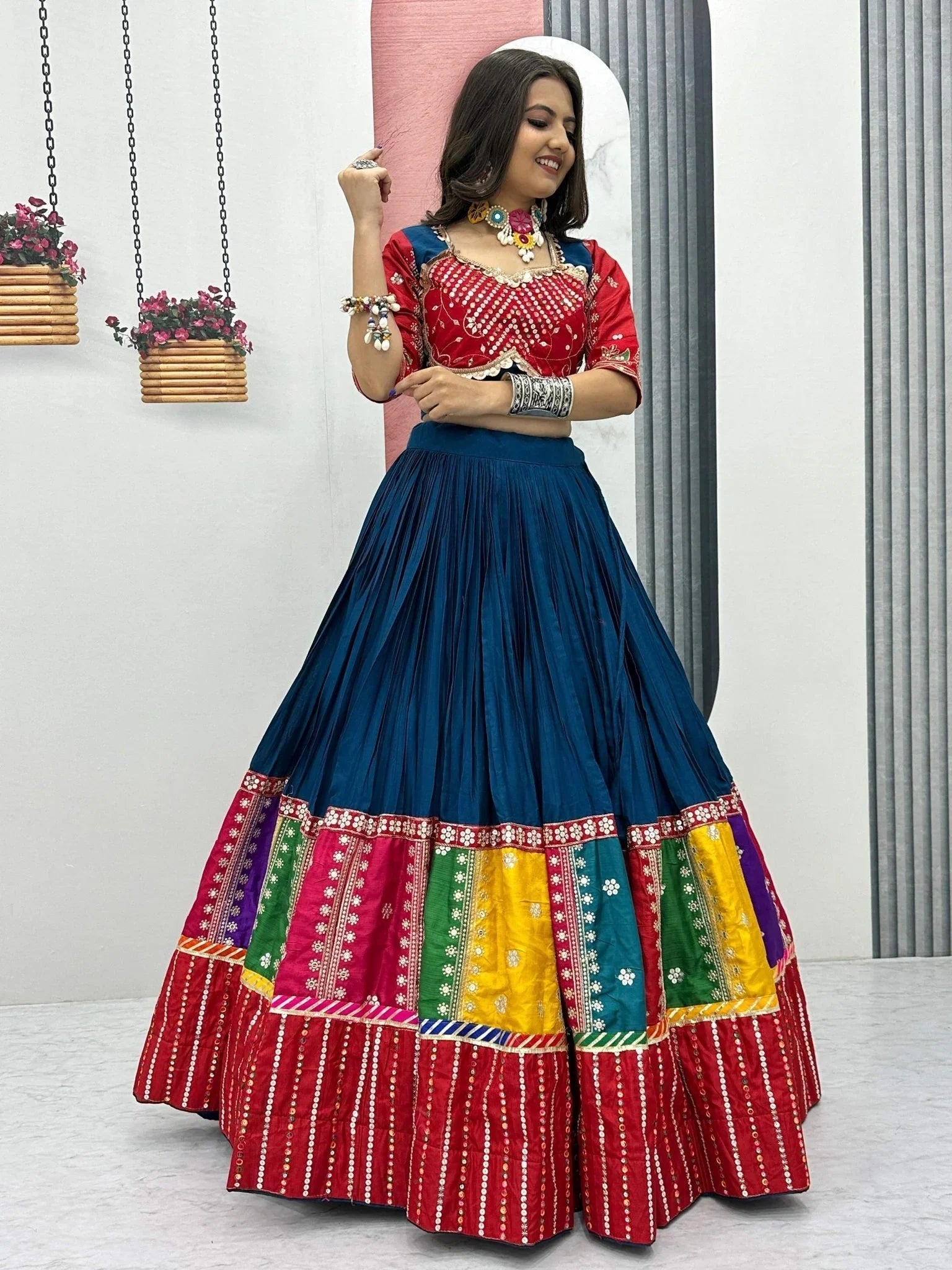 Navy blue pure cotton lehenga choli with embroidered sequins work and dupatta