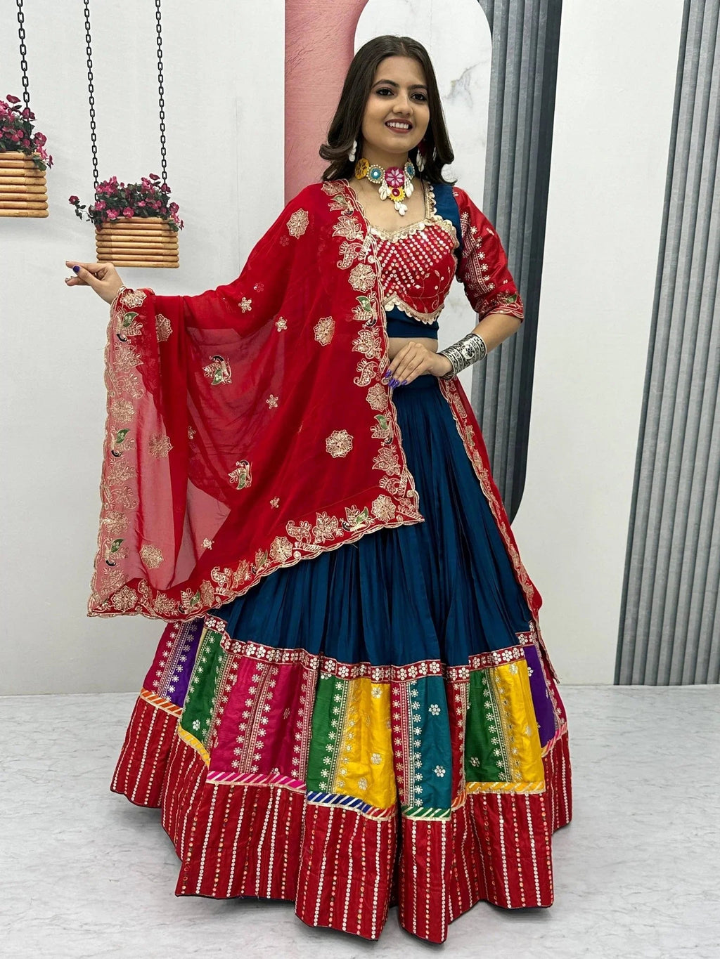 Navy blue pure cotton lehenga choli with embroidered sequins work and dupatta