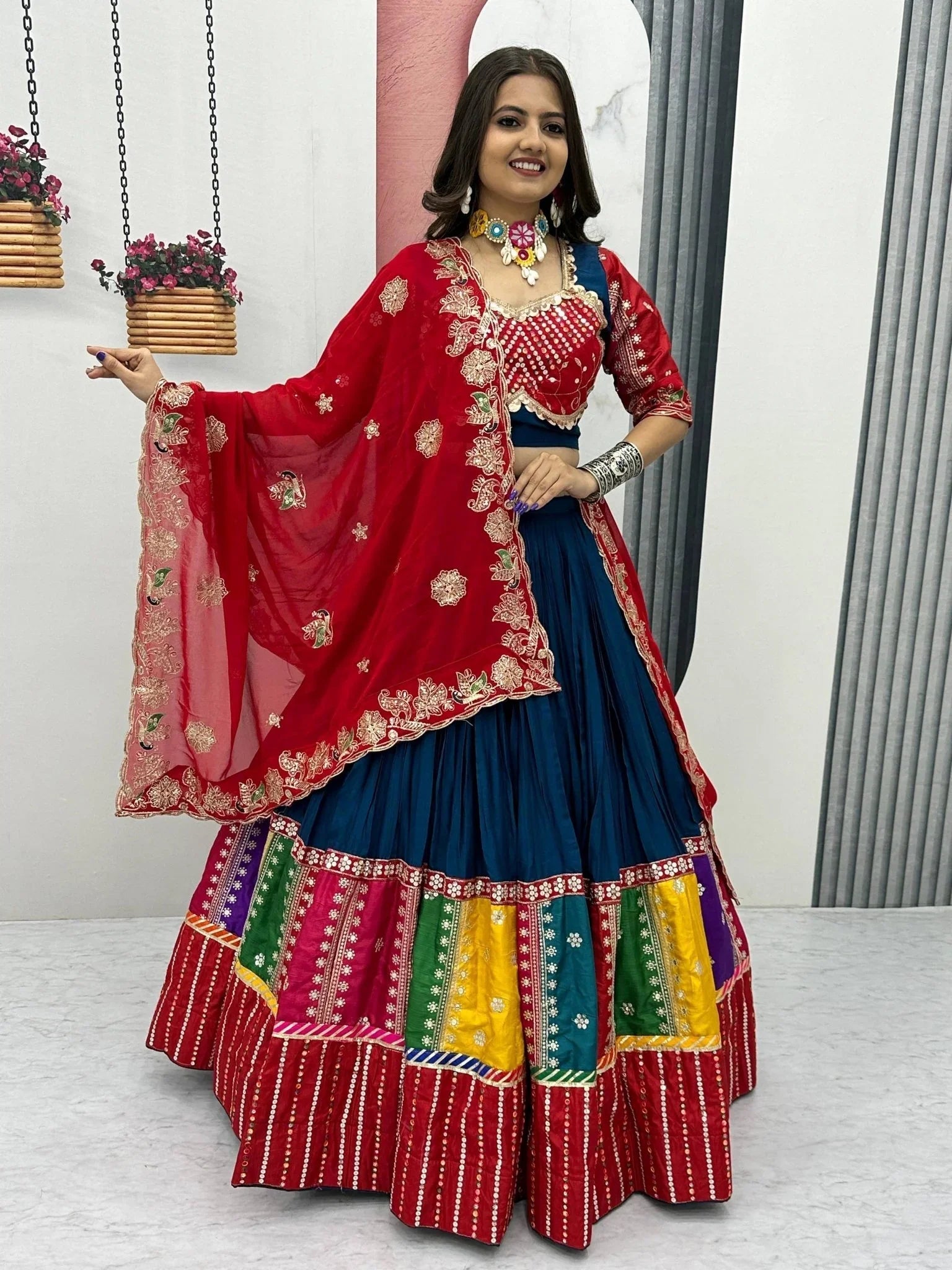 Navy blue pure cotton lehenga choli with embroidered sequins work and dupatta