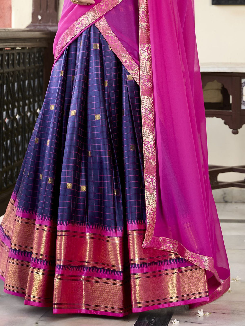 Navy blue cotton silk paithani weaving work traditional lehenga choli