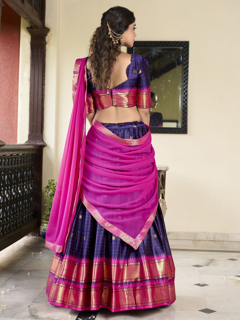 Navy blue cotton silk paithani weaving work traditional lehenga choli