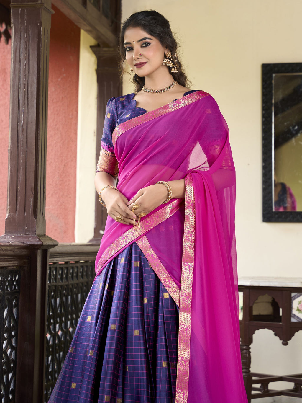 Navy blue cotton silk paithani weaving work traditional lehenga choli