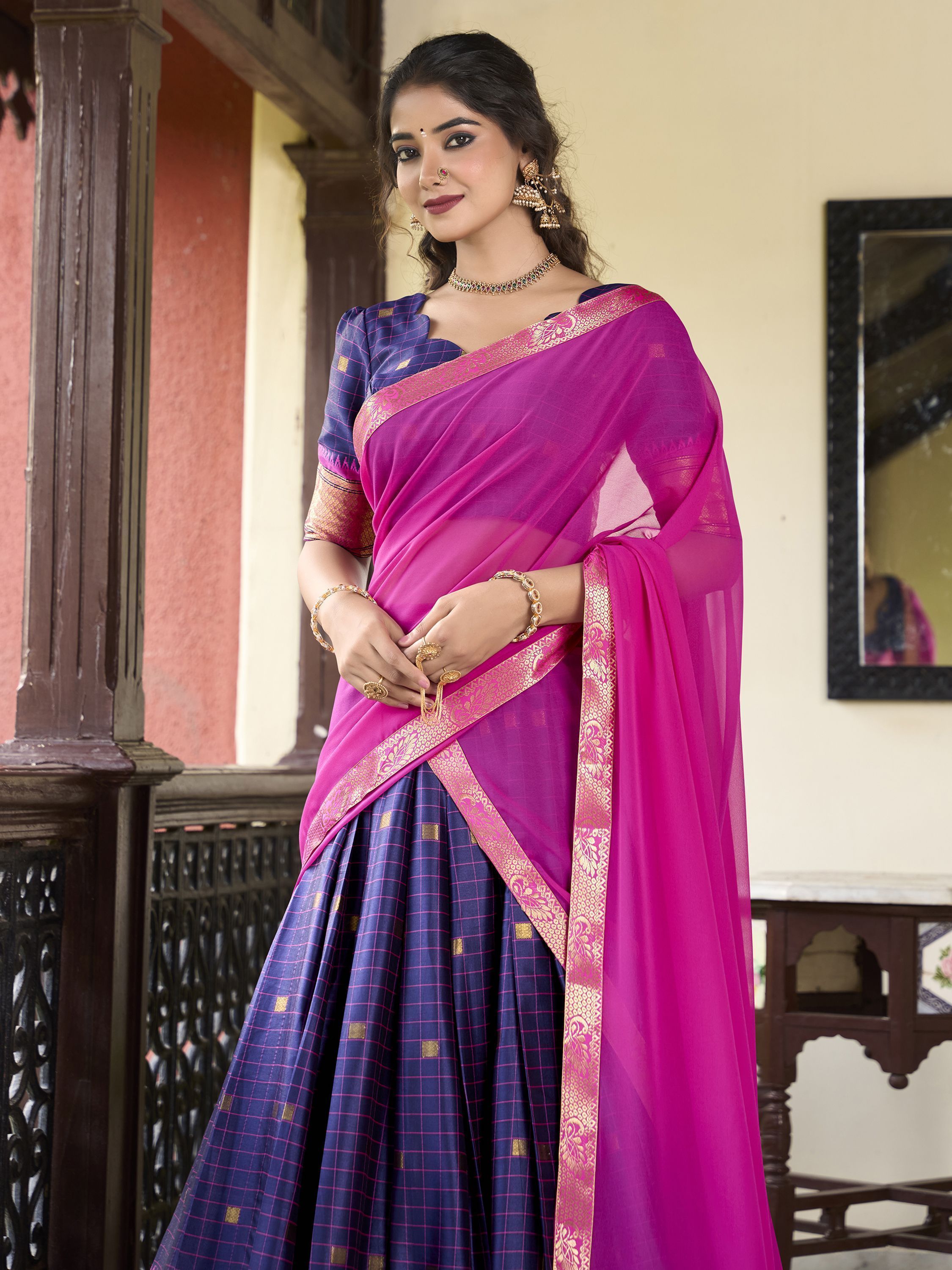 Navy blue cotton silk paithani weaving work traditional lehenga choli