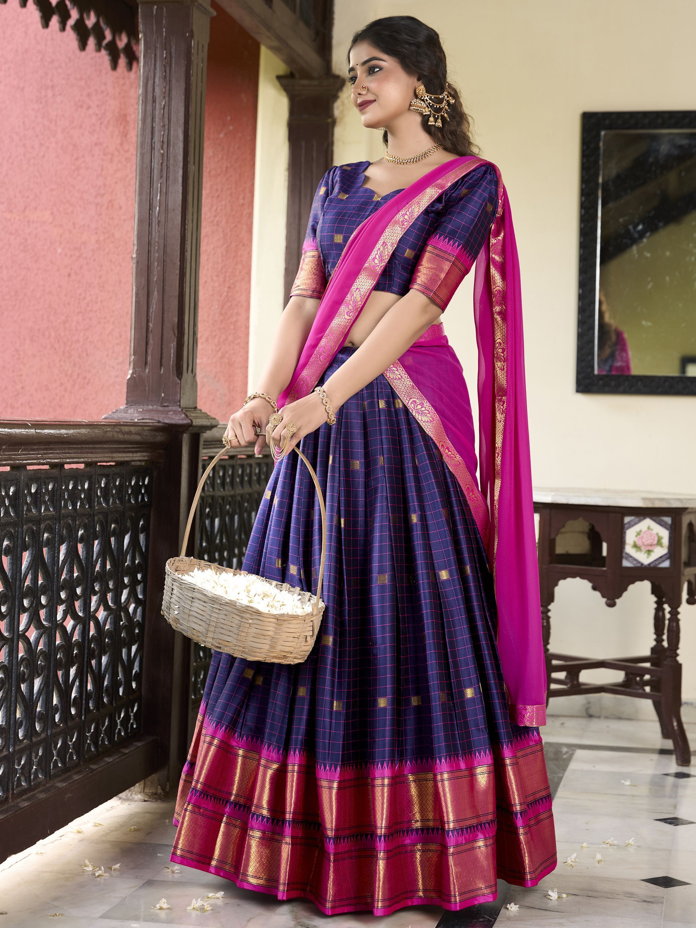 Navy blue cotton silk paithani weaving work traditional lehenga choli