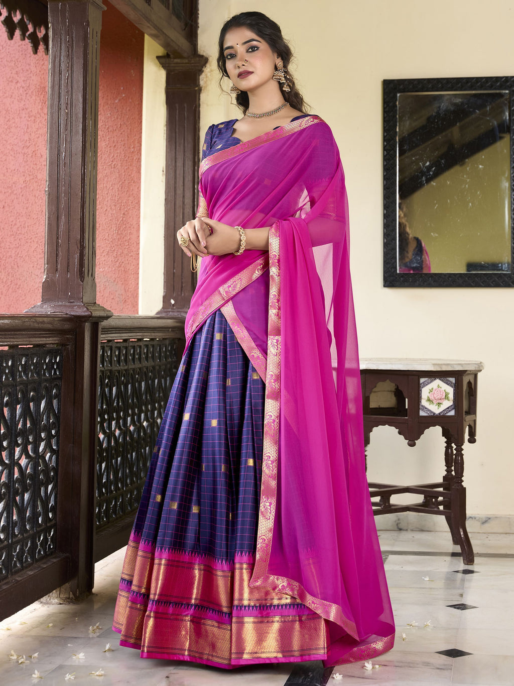 Navy blue cotton silk paithani weaving work traditional lehenga choli