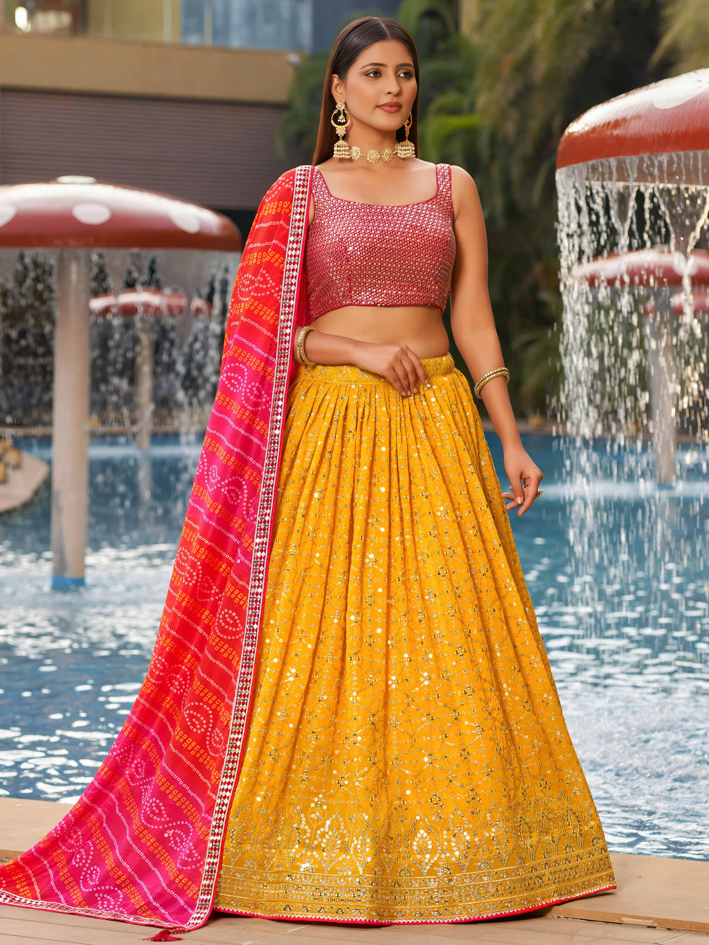 Navya sunlit yellow embroidered lehenga choli with Bandhani dupatta