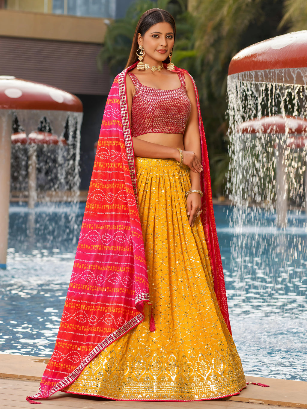 Navya sunlit yellow embroidered lehenga choli with Bandhani dupatta