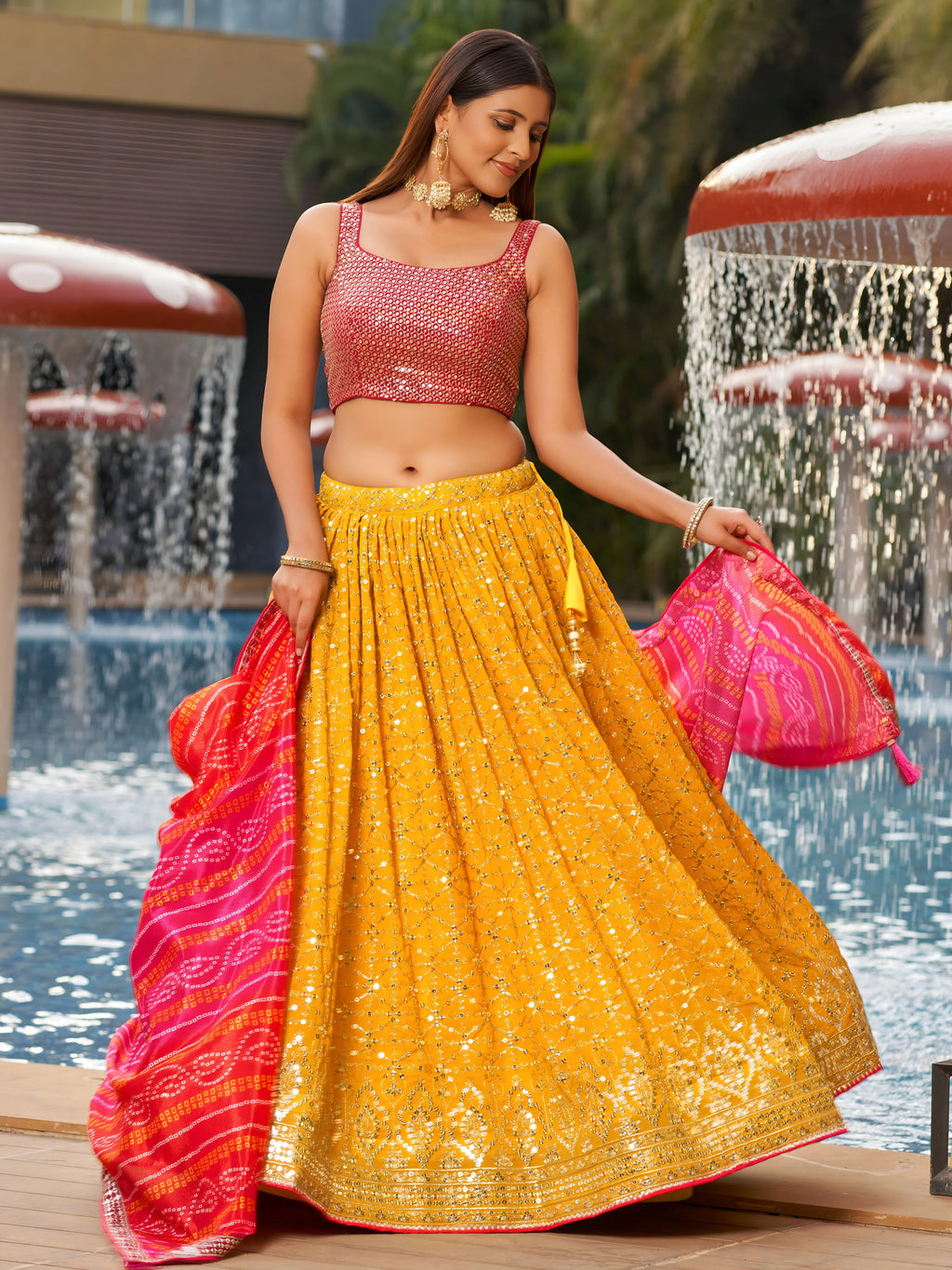 Navya sunlit yellow embroidered lehenga choli with Bandhani dupatta