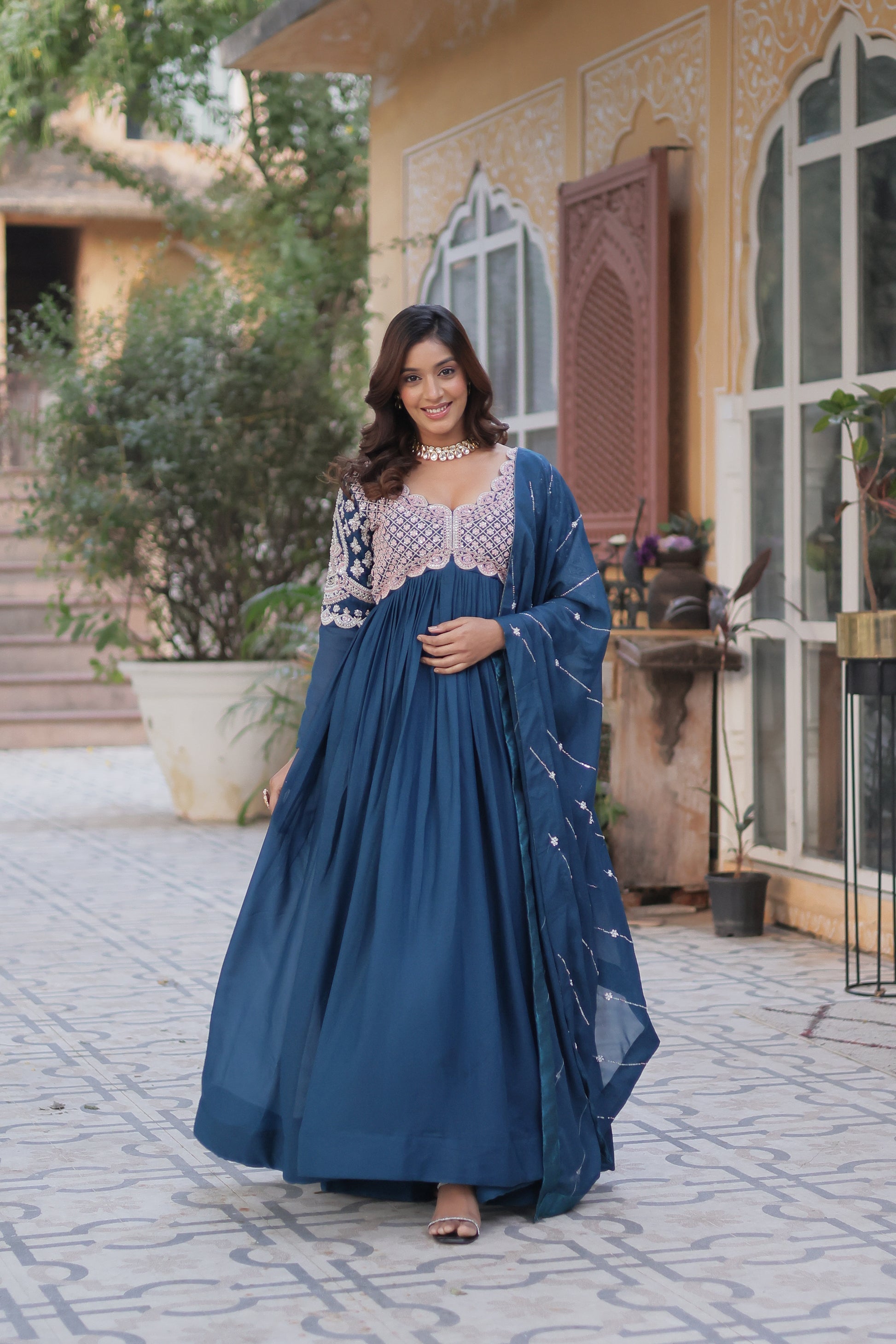 Neera rama embroidered Alia cut anarkali gown set
