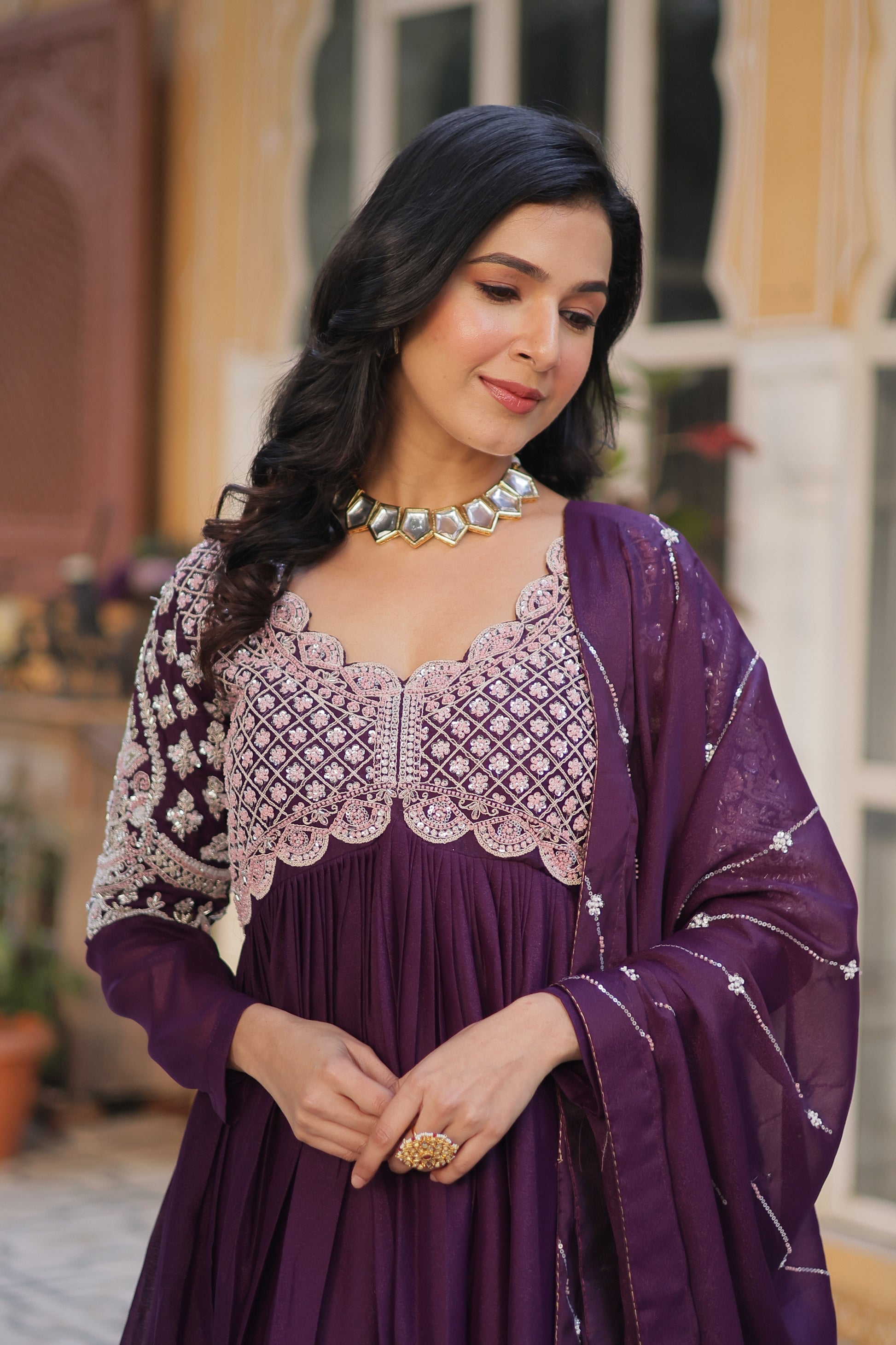 Neera wine embroidered Alia cut anarkali gown set
