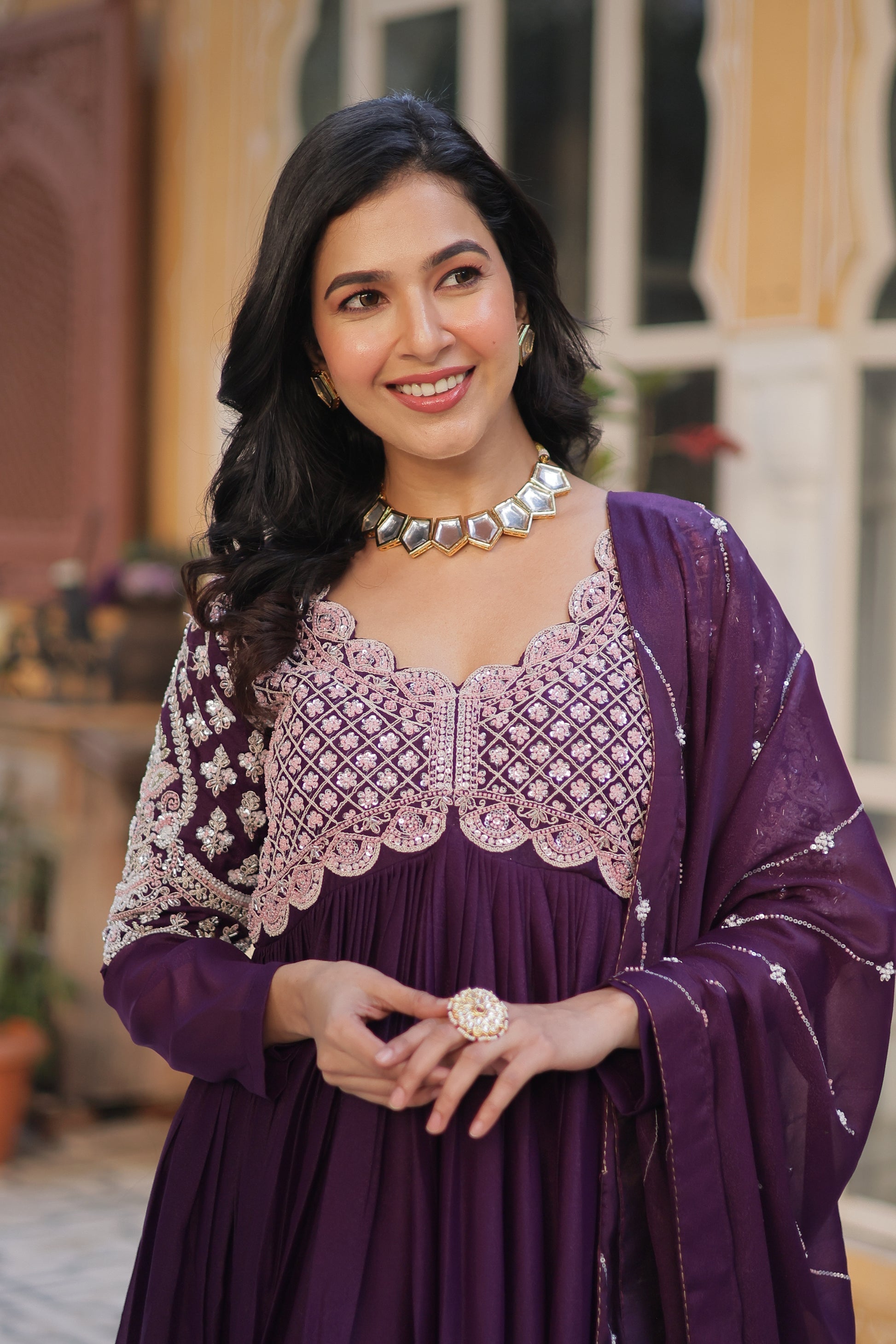 Neera wine embroidered Alia cut anarkali gown set