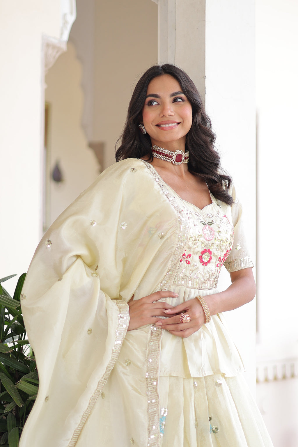 Nimi off-white gold crush lehenga choli with embroidery zari sequins work
