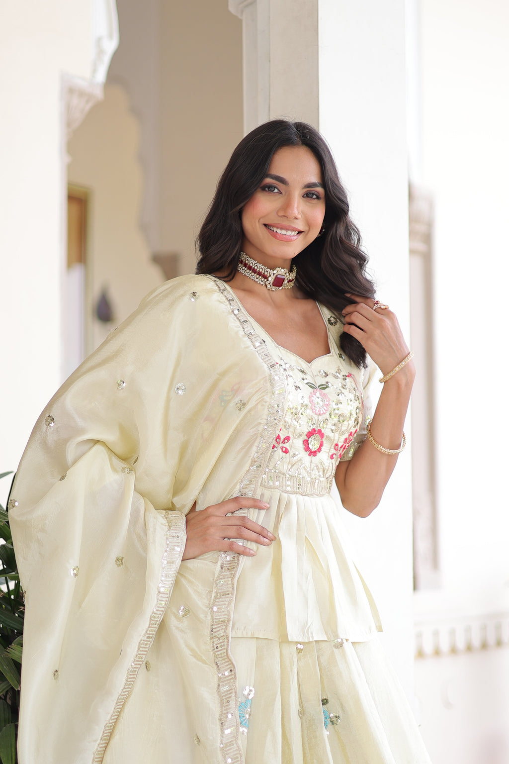 Nimi off-white gold crush lehenga choli with embroidery zari sequins work