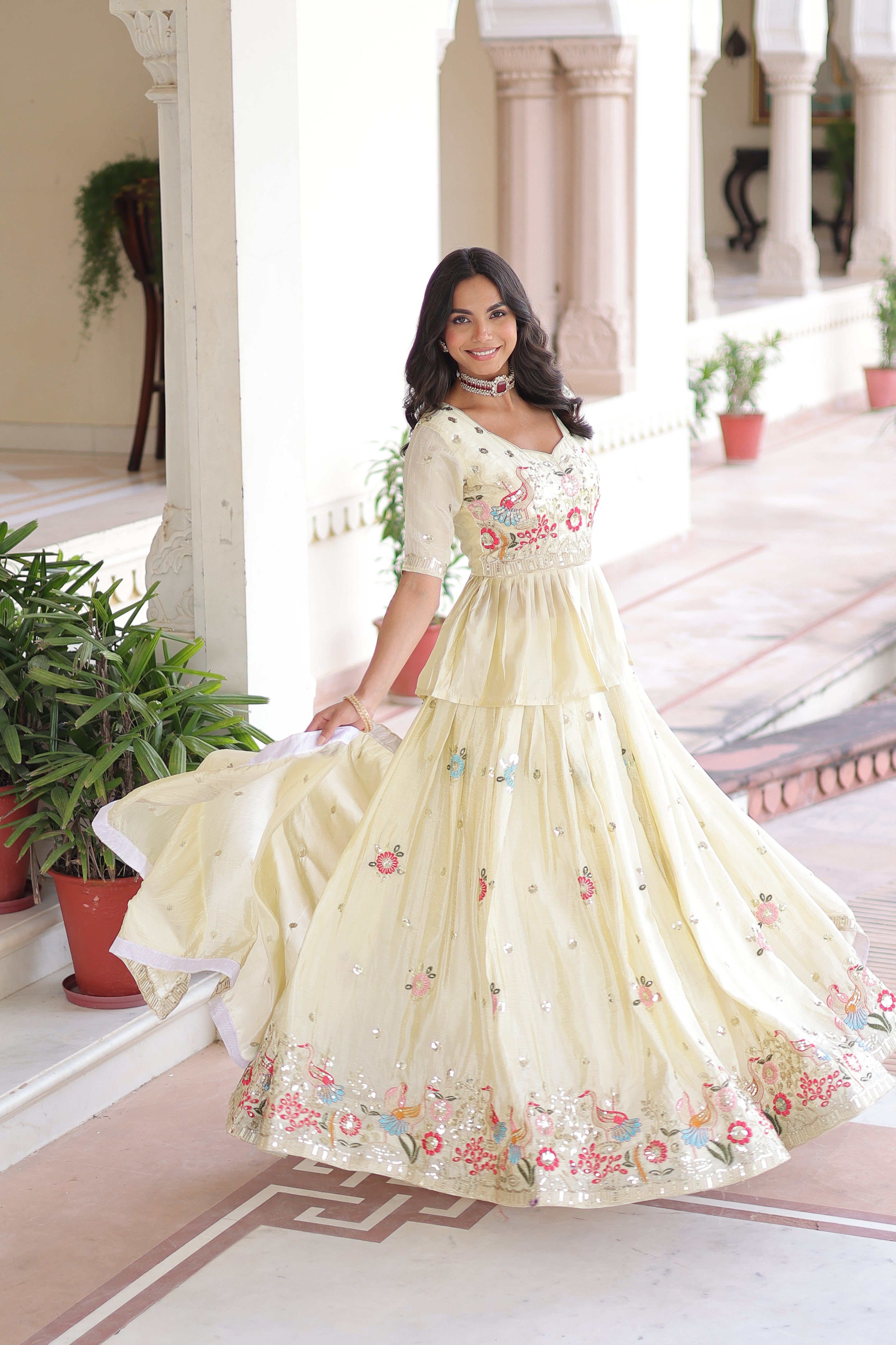 Nimi off-white gold crush lehenga choli with embroidery zari sequins work