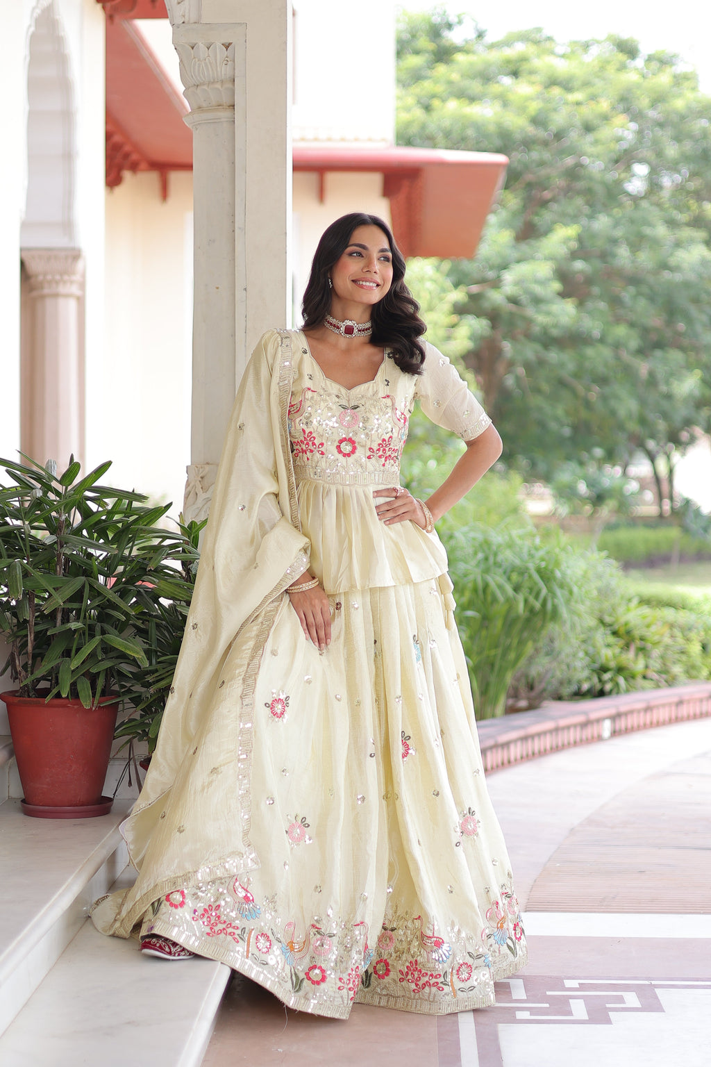 Nimi off-white gold crush lehenga choli with embroidery zari sequins work