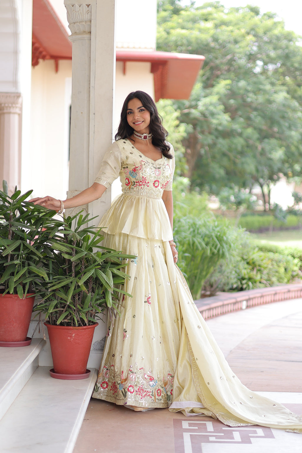 Nimi off-white gold crush lehenga choli with embroidery zari sequins work