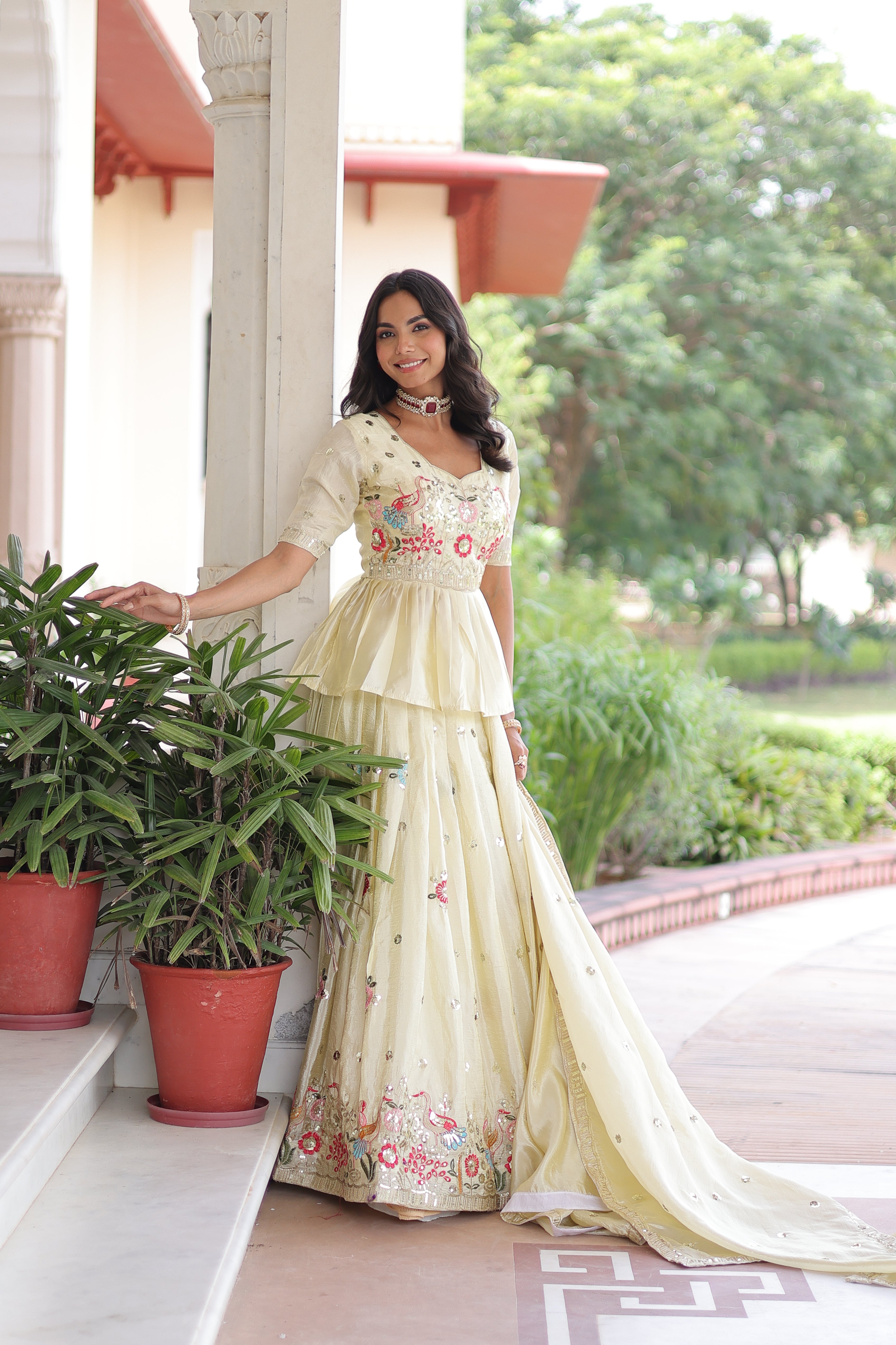 Nimi off-white gold crush lehenga choli with embroidery zari sequins work