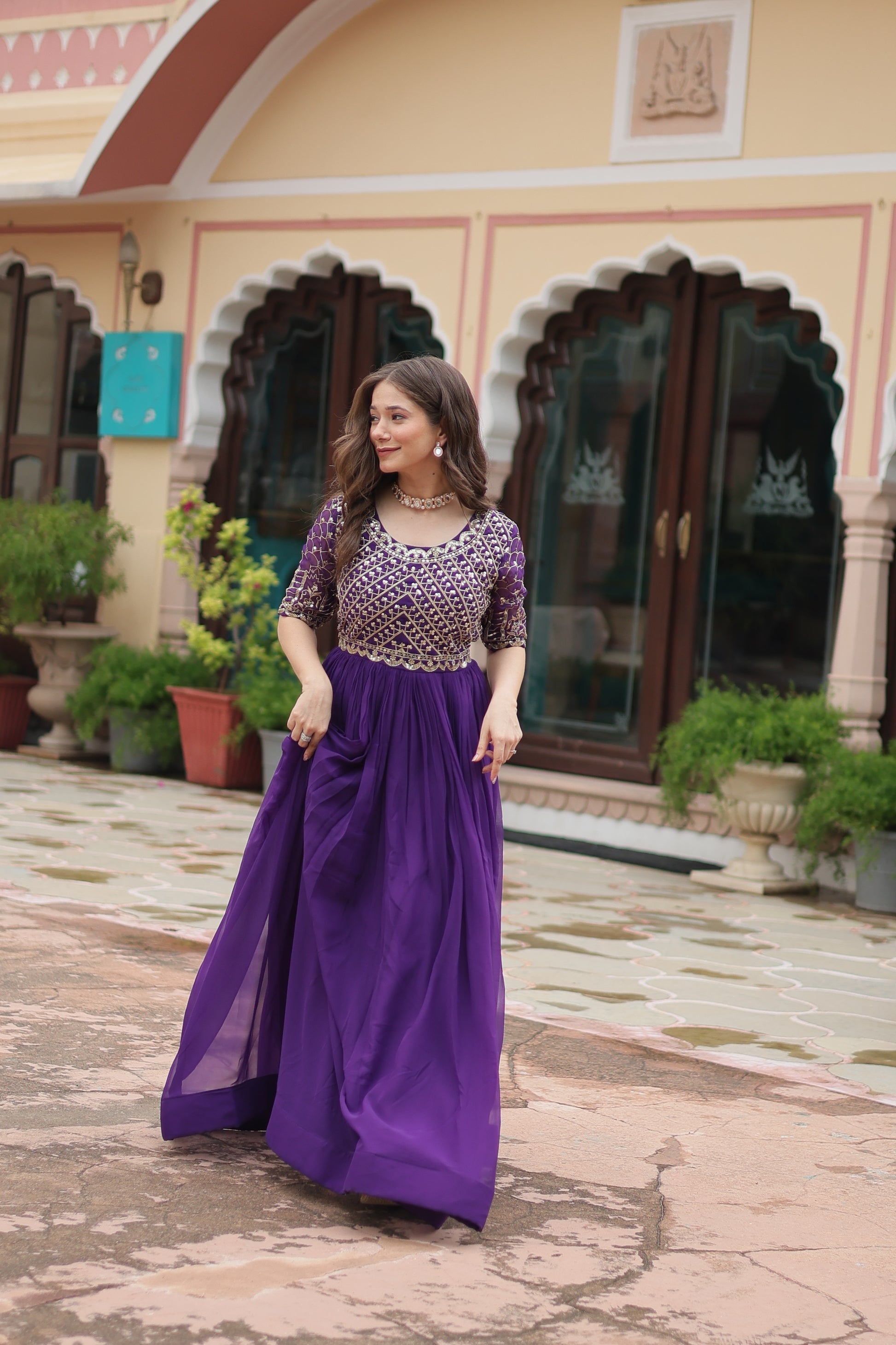 Purple embroidered Nirvi designer flared Anarkali gown