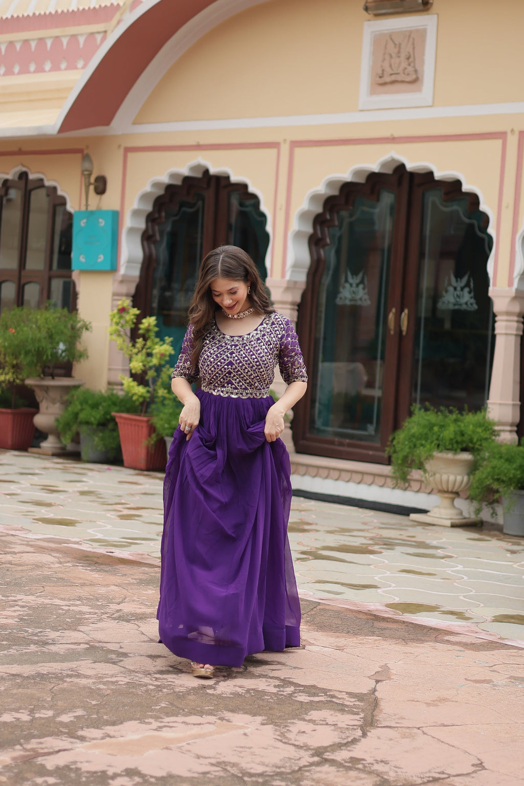 Purple embroidered Nirvi designer flared Anarkali gown