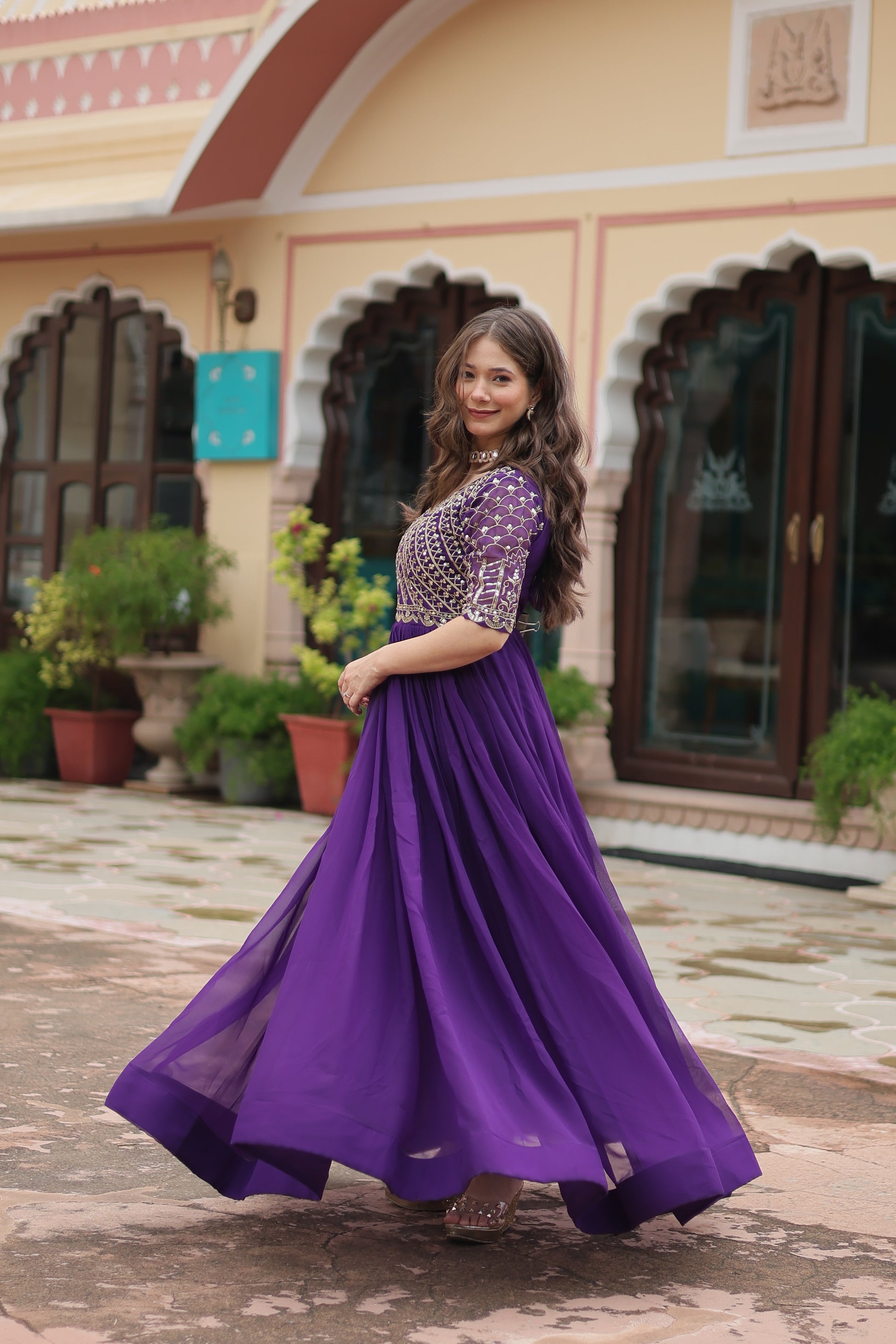 Purple embroidered Nirvi designer flared Anarkali gown