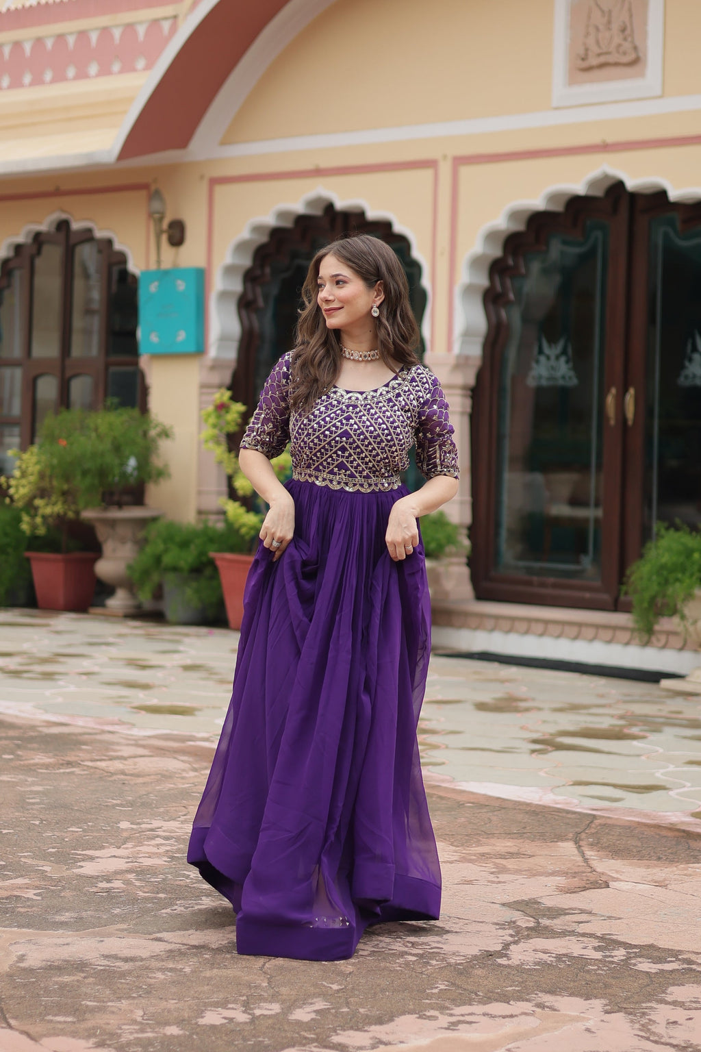 Purple embroidered Nirvi designer flared Anarkali gown