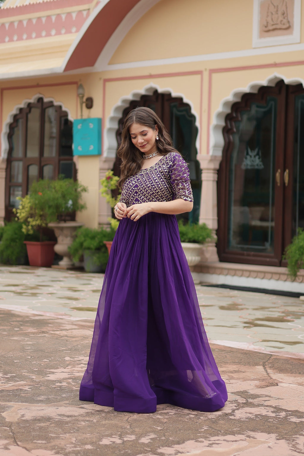 Purple embroidered Nirvi designer flared Anarkali gown
