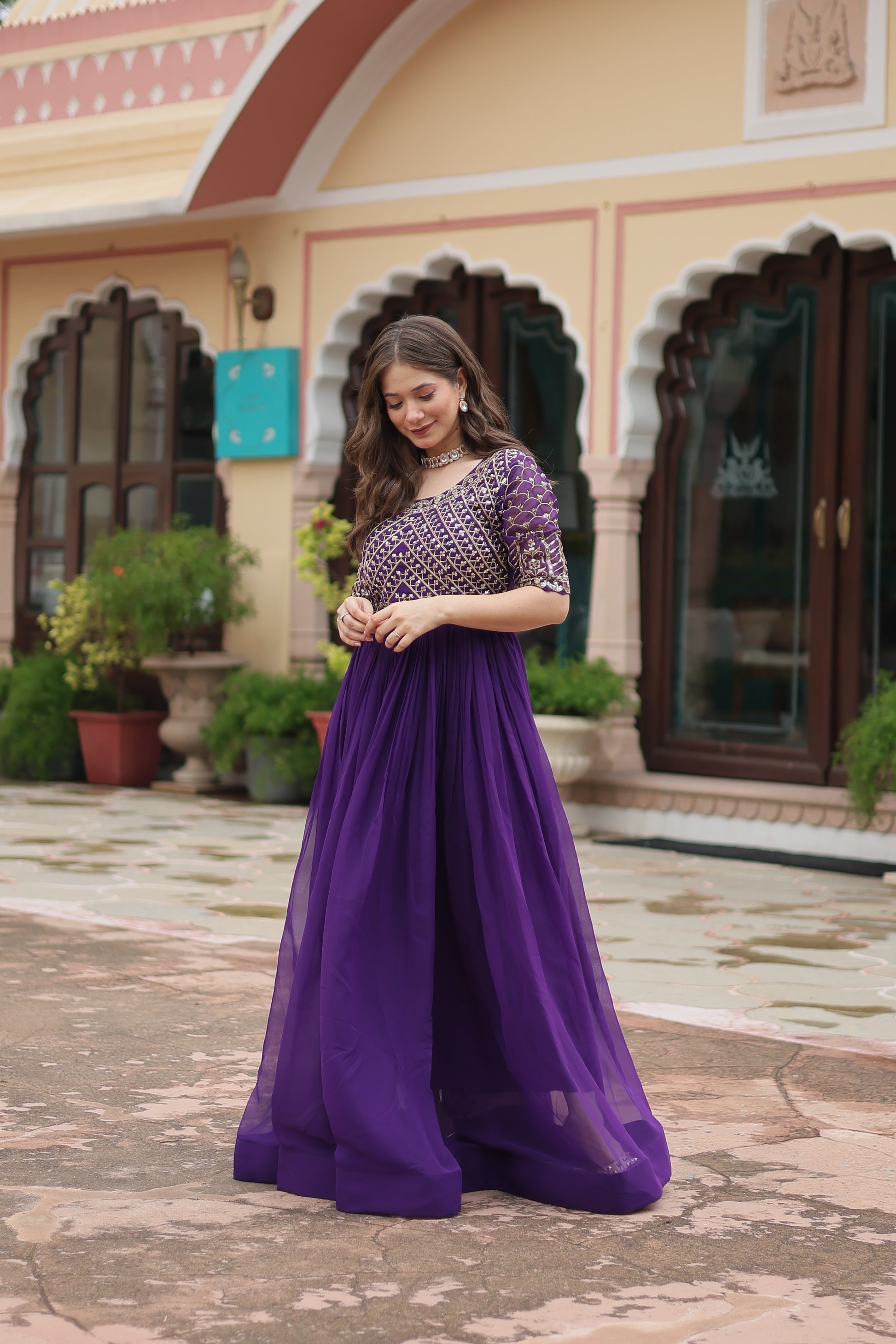 Purple embroidered Nirvi designer flared Anarkali gown