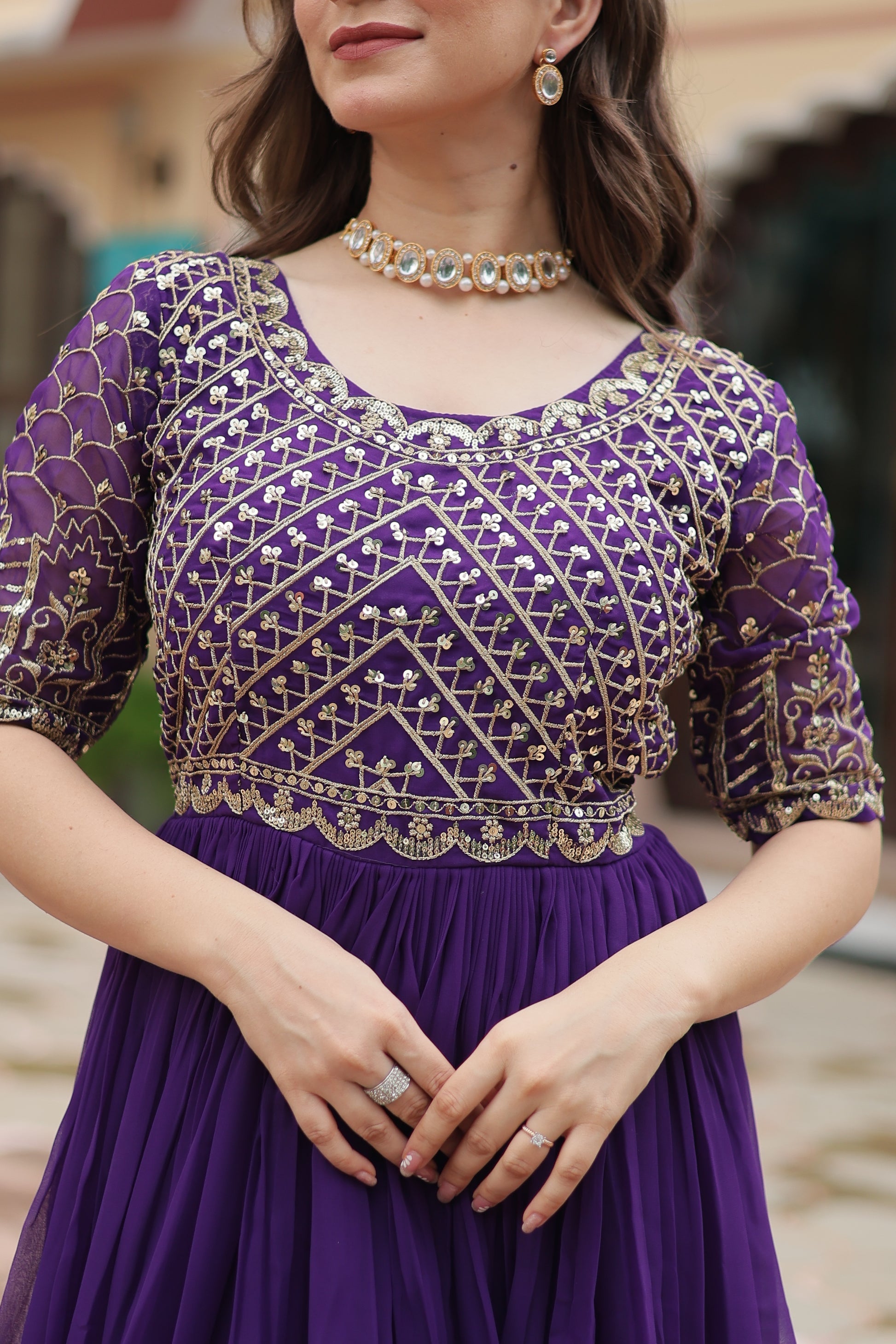 Purple embroidered Nirvi designer flared Anarkali gown