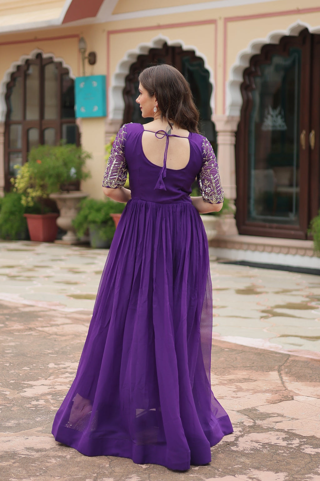 Purple embroidered Nirvi designer flared Anarkali gown