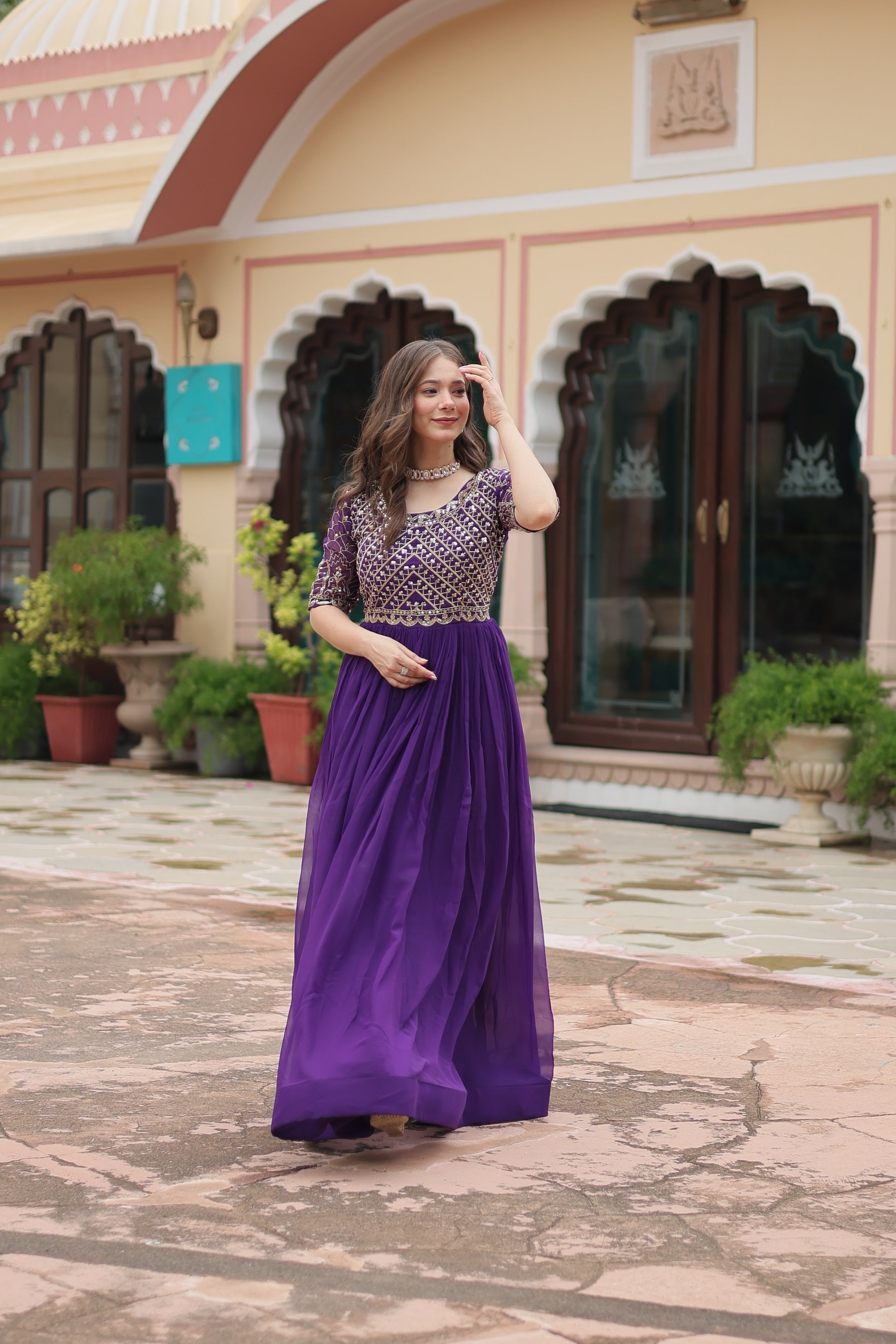 Purple embroidered Nirvi designer flared Anarkali gown