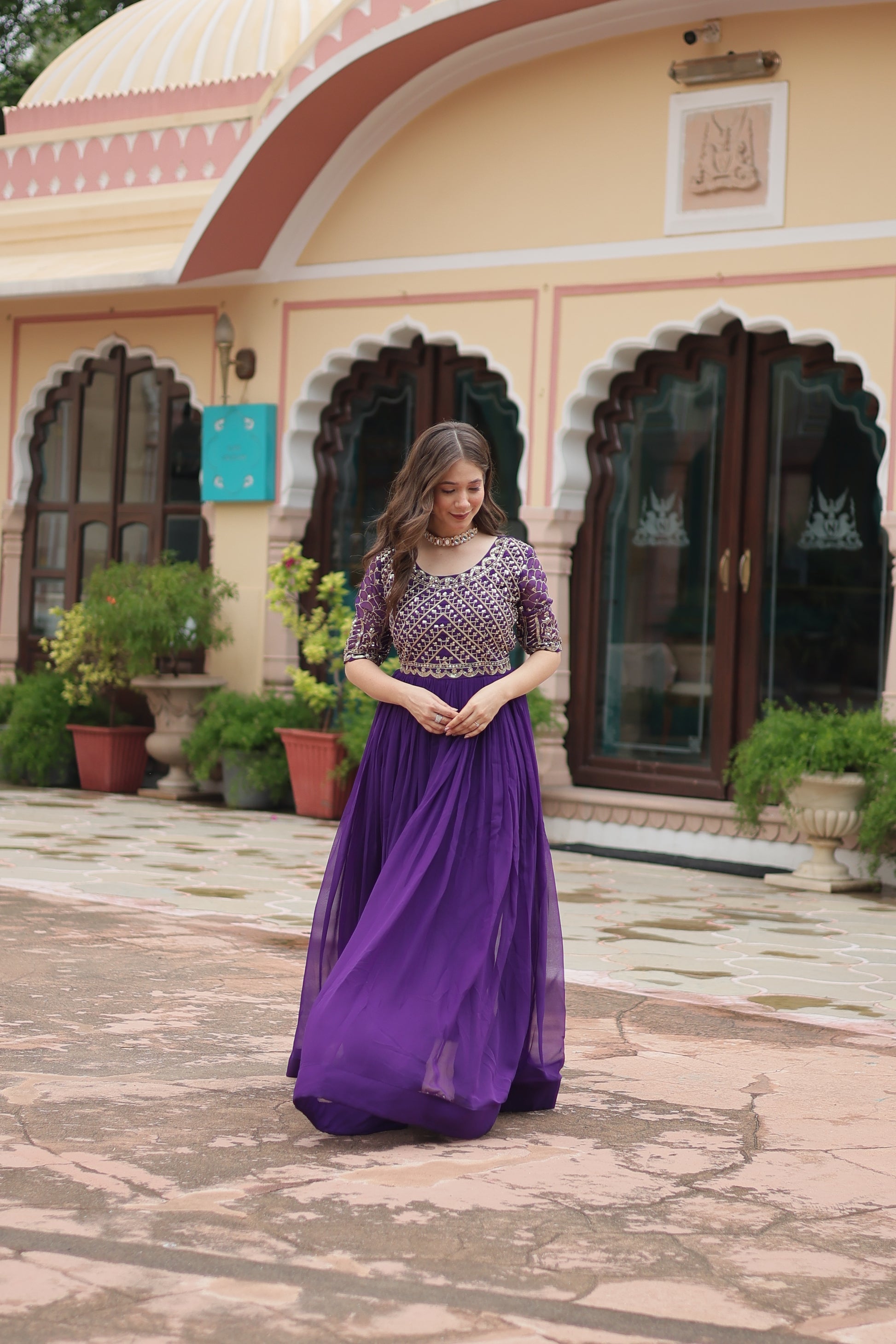 Purple embroidered Nirvi designer flared Anarkali gown
