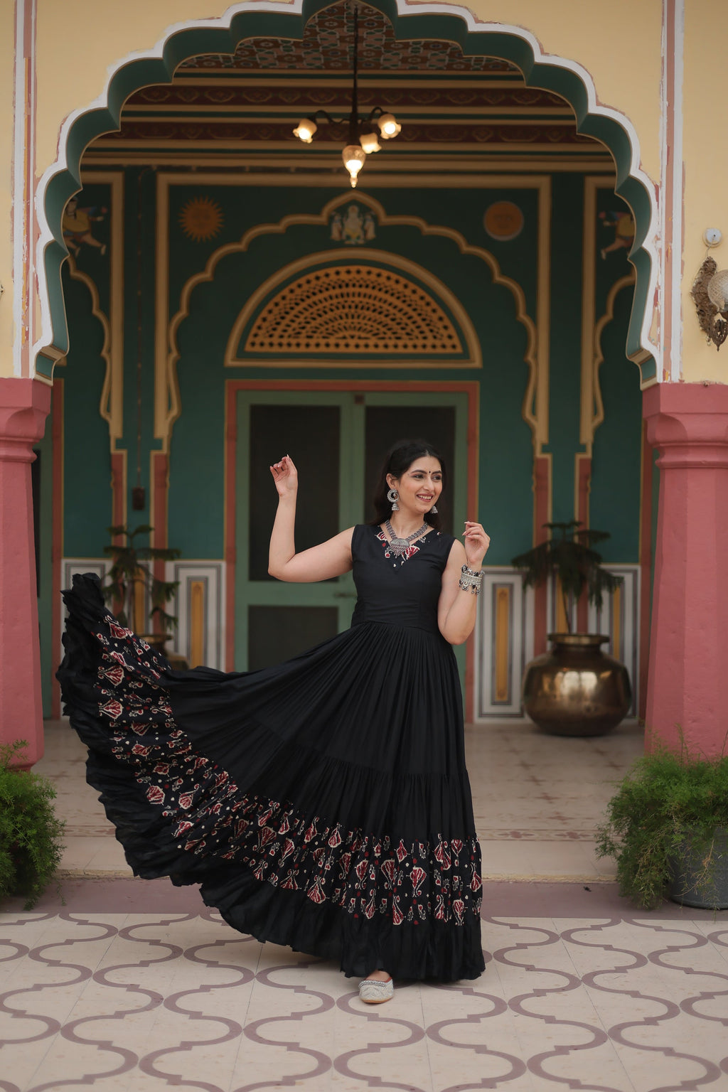 Black printed rayon Nishka designer Anarkali gown