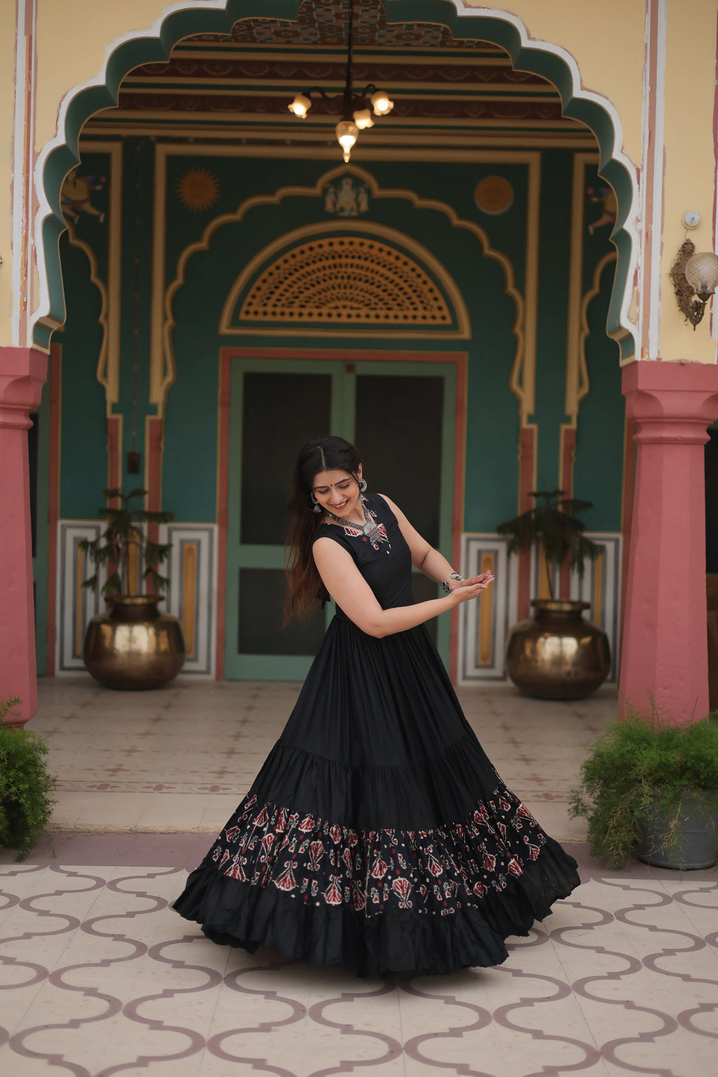 Black printed rayon Nishka designer Anarkali gown