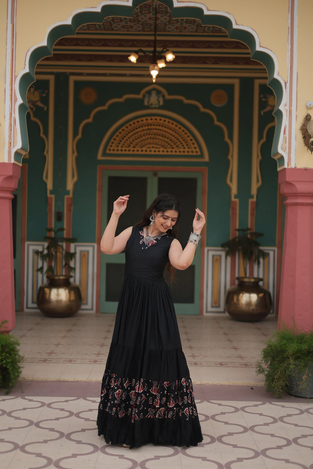 Black printed rayon Nishka designer Anarkali gown