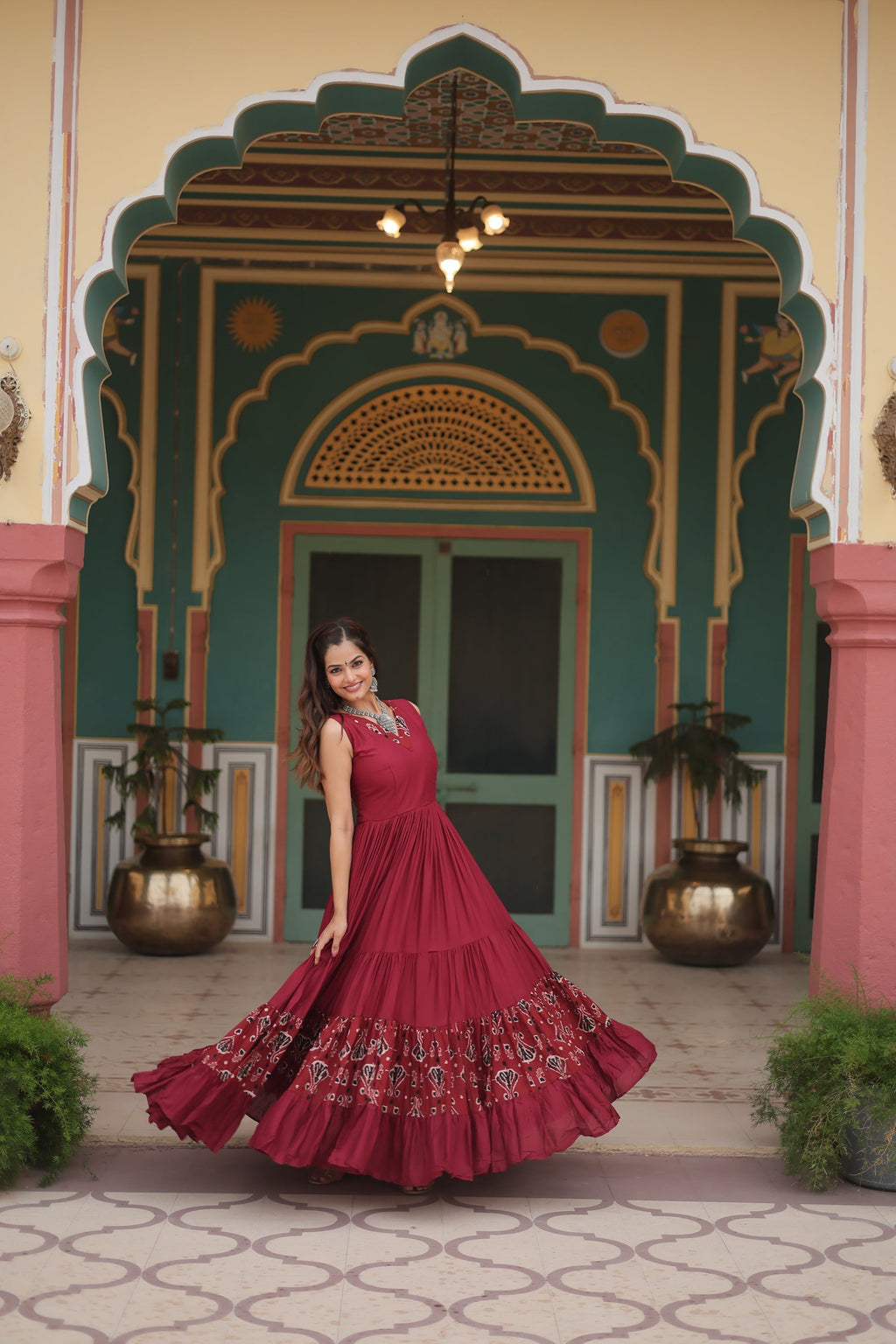 Nishka maroon festive wear printed Anarkali gown