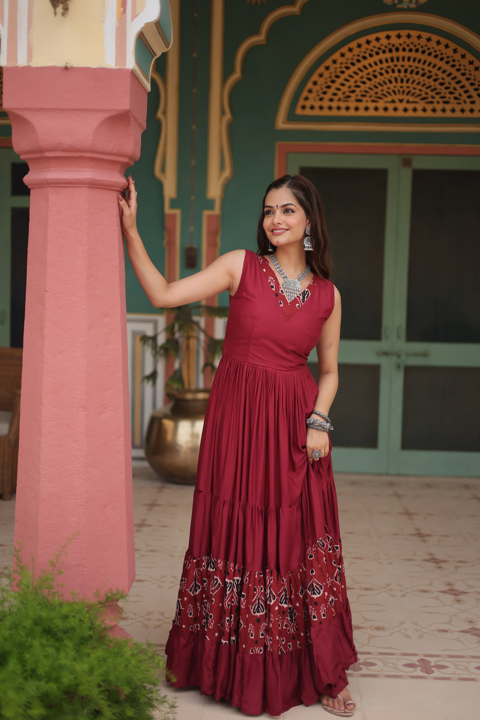 Nishka maroon festive wear printed Anarkali gown