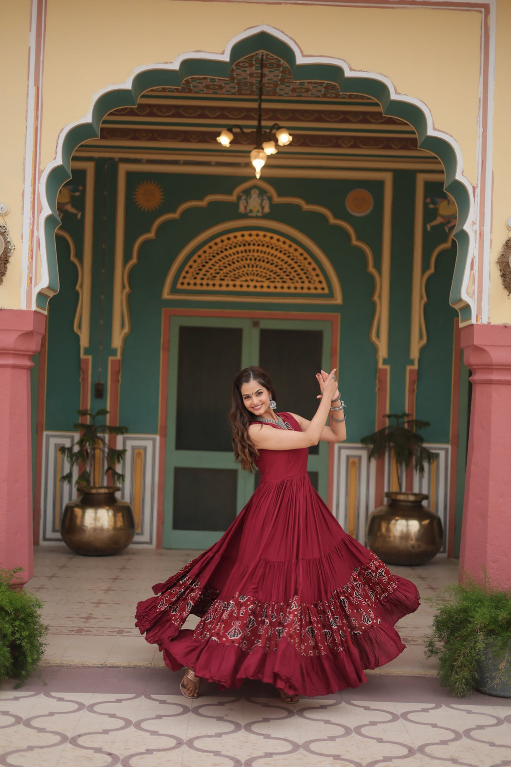 Nishka maroon festive wear printed Anarkali gown