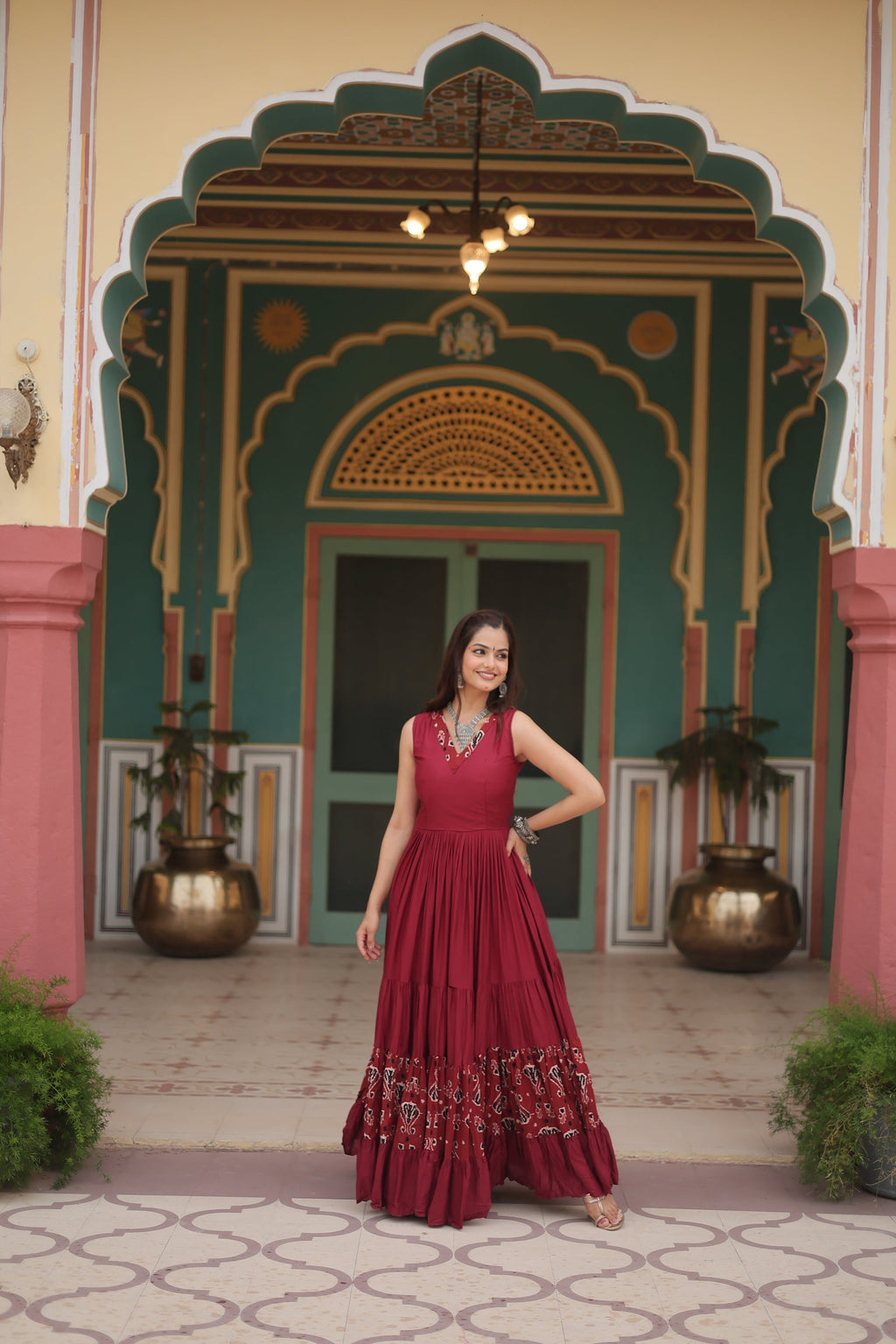 Nishka maroon festive wear printed Anarkali gown